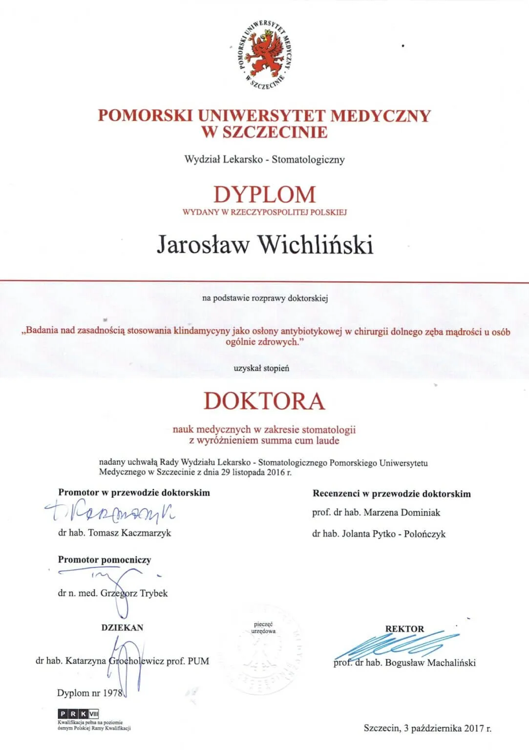 dyplom-doktora-stomatologii-jaroslaw-wichlinski-pomorski-uniwersytet-medyczny-2017