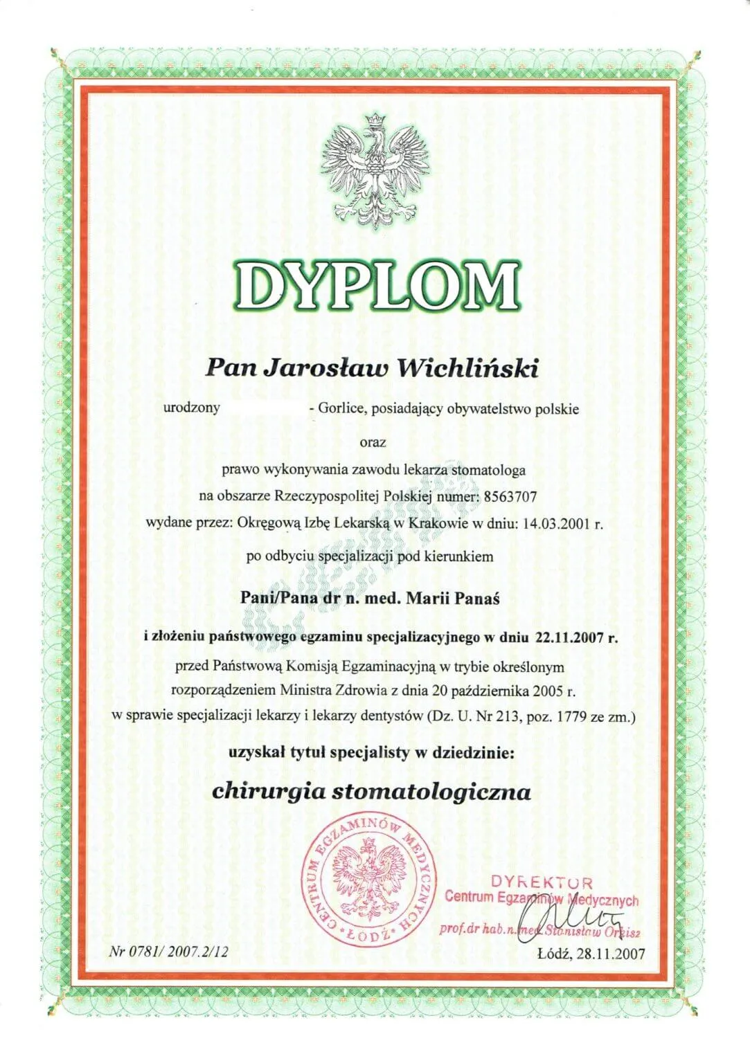 dyplom-specjalista-chirurgia-stomatologiczna-jaroslaw-wichlinski-lodz-2007