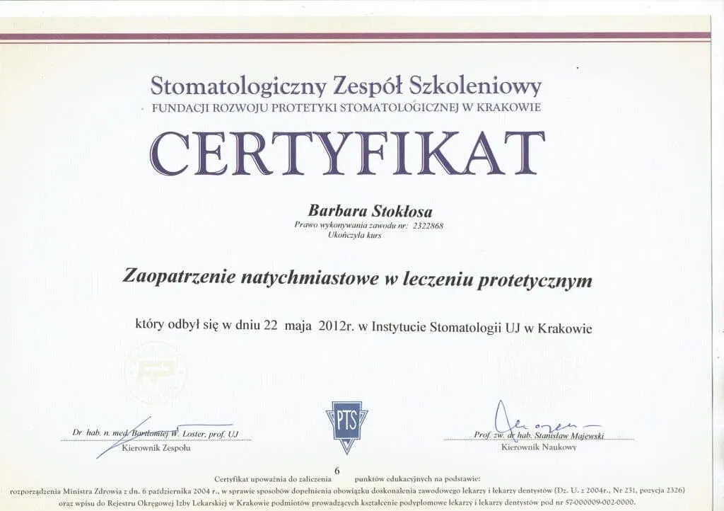 certyfikat-protetyka-zaopatrzenie-natychmiastowe-barbara-stoklosa-uj-krakow