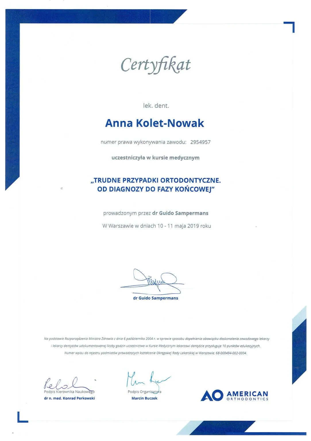 certyfikat-trudne-przypadki-ortodontyczne-anna-kolet-nowak-warszawa-2019