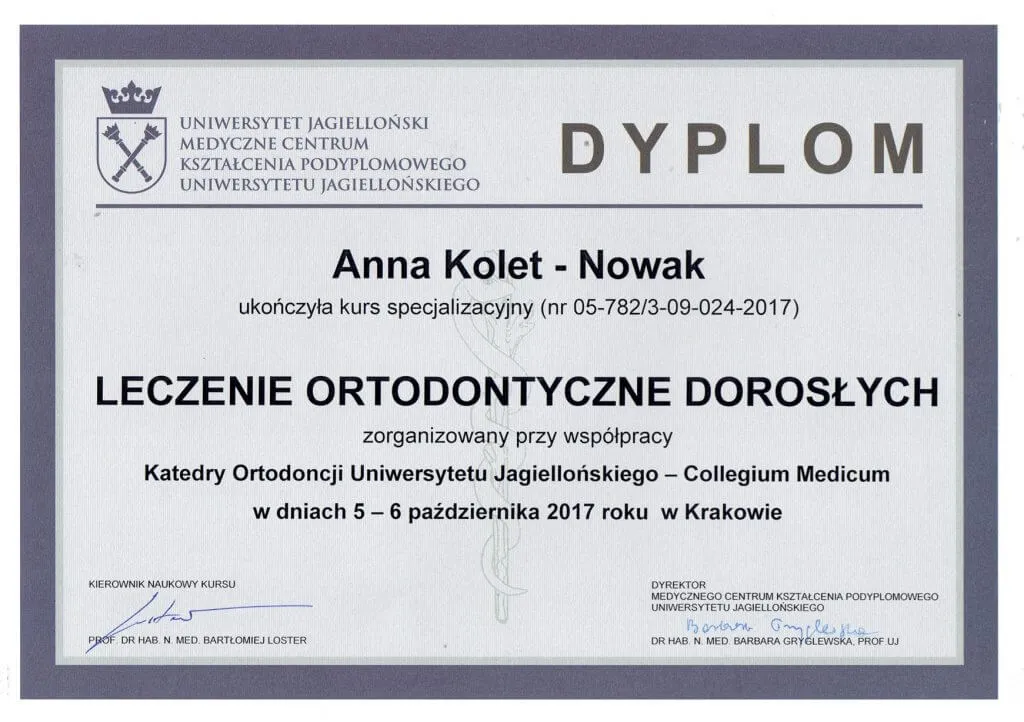 dyplom-leczenie-ortodontyczne-doroslych-anna-kolet-nowak-krakow-2017