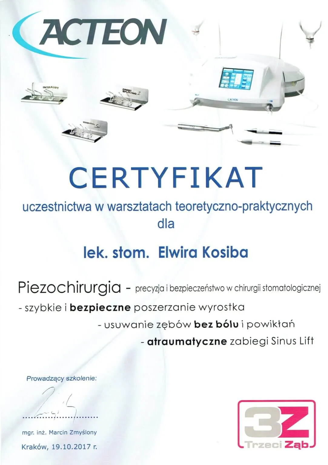 certyfikat-elwira-kosiba-gorecka-piezochirurgia-szkolenie-krakow