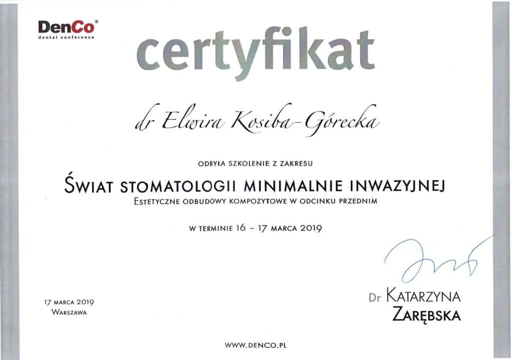 certyfikat-elwira-kosiba-gorecka-stomatologia-minimalnie-inwazyjna-denco-warszawa