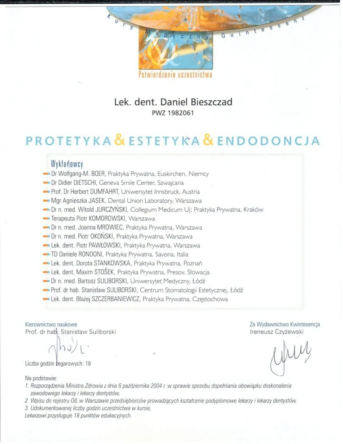 certyfikat-protetyka-estetyka-endodoncja-daniel-bieszczad-krakow