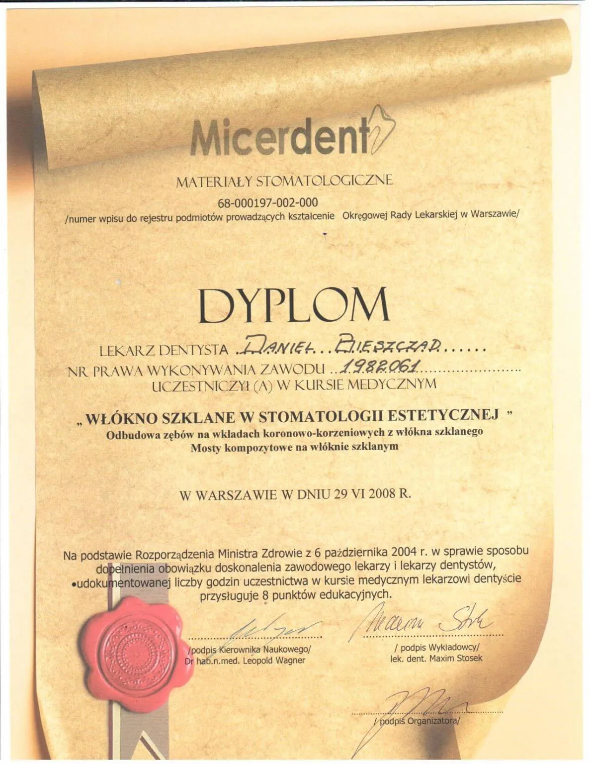 certyfikat-wlokno-szklane-stomatologia-estetyczna-daniel-bieszczad-warszawa