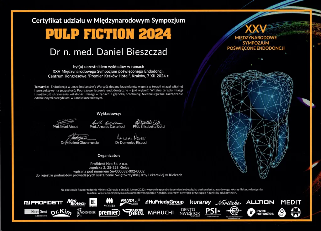 certyfikat-endodoncja-pulp-fiction-2024-daniel-bieszczad-krakow