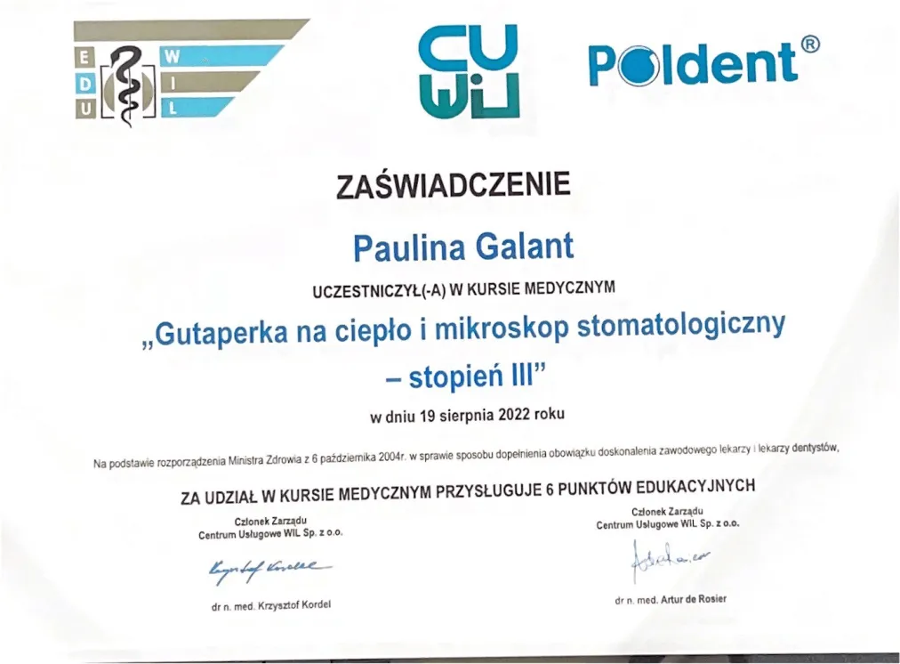 certyfikat-gutaperka-mikroskop-stomatologiczny-stopien-3-paulina-galant-krakow