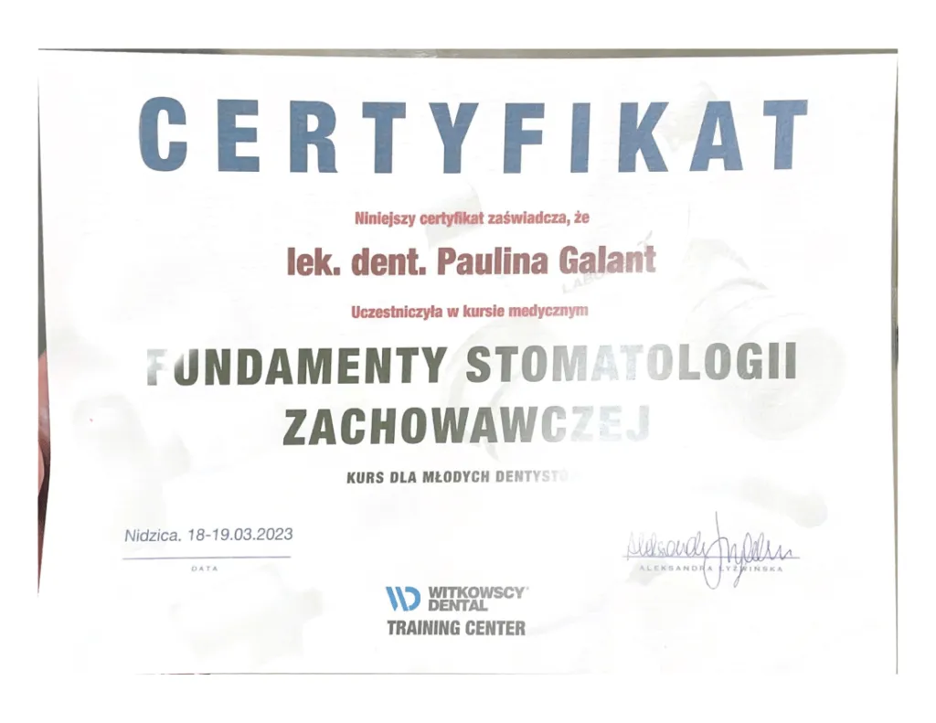 certyfikat-stomatologia-zachowawcza-dla-mlodych-dentystow-paulina-galant-krakow