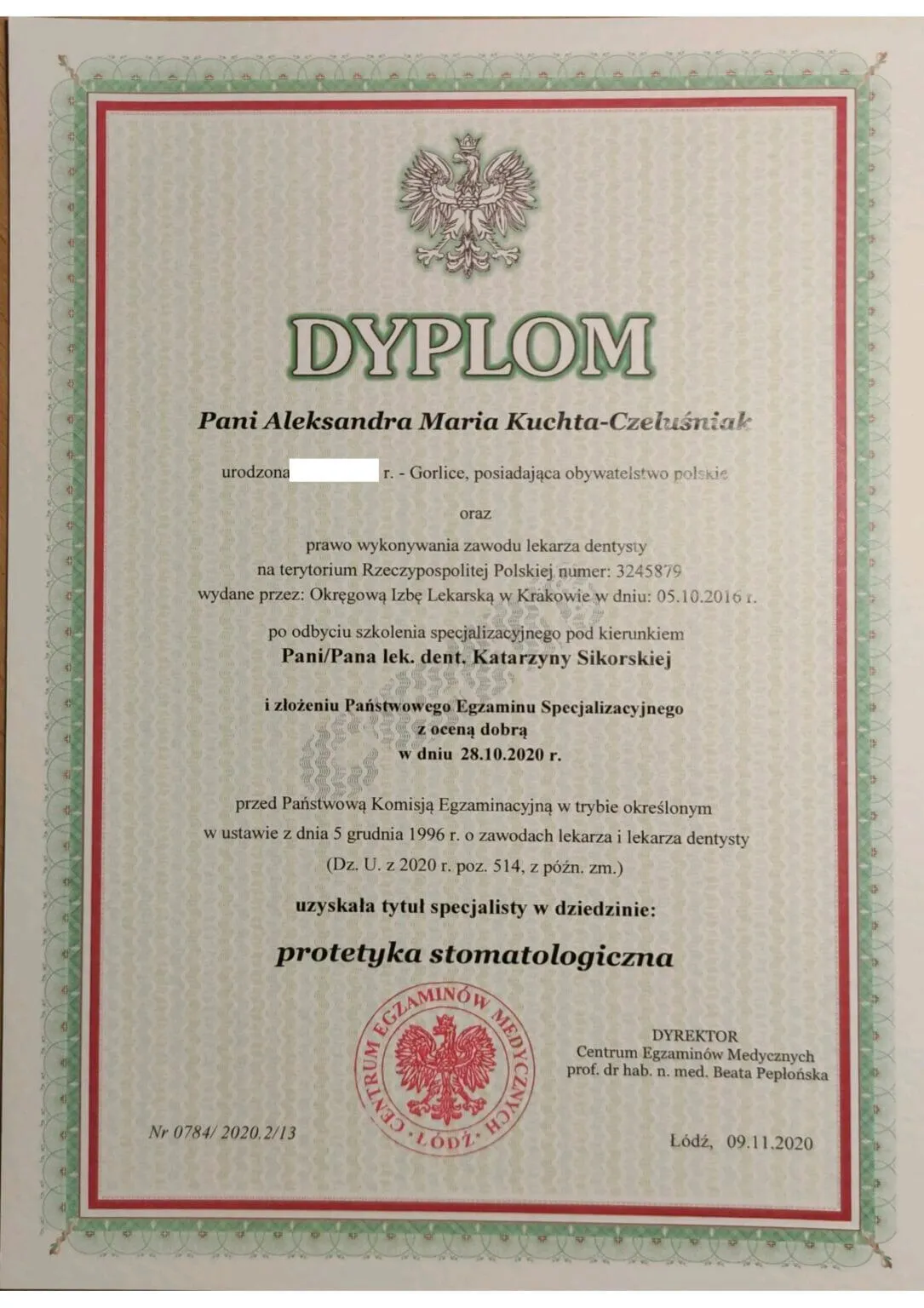 dyplom-specjalizacja-protetyka-stomatologiczna-aleksandra-kuchta-czelusniak-2020