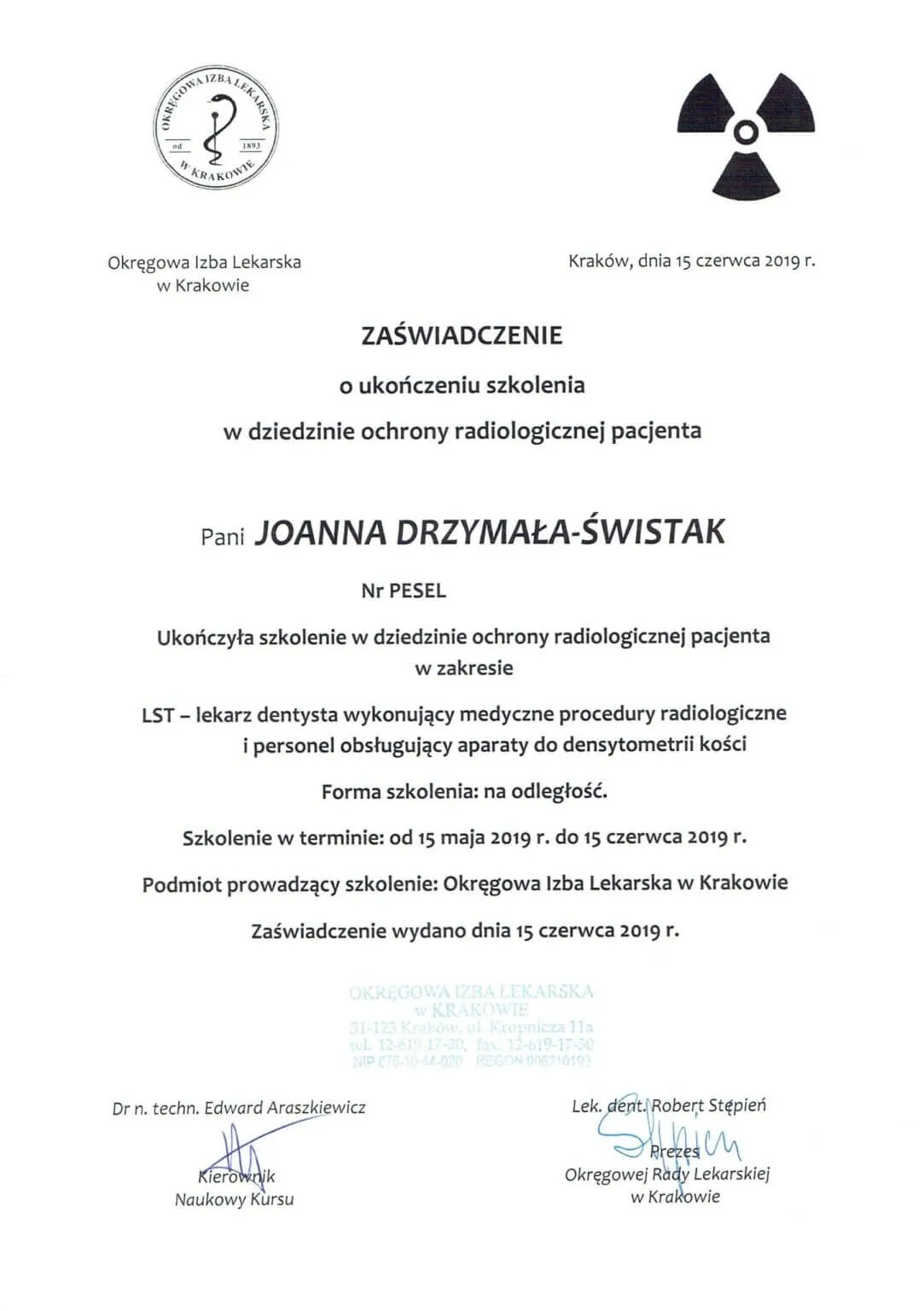 zaswiadczenie-szkolenie-periodontologia-joanna-drzymala-swistak-nowy-sacz-2014