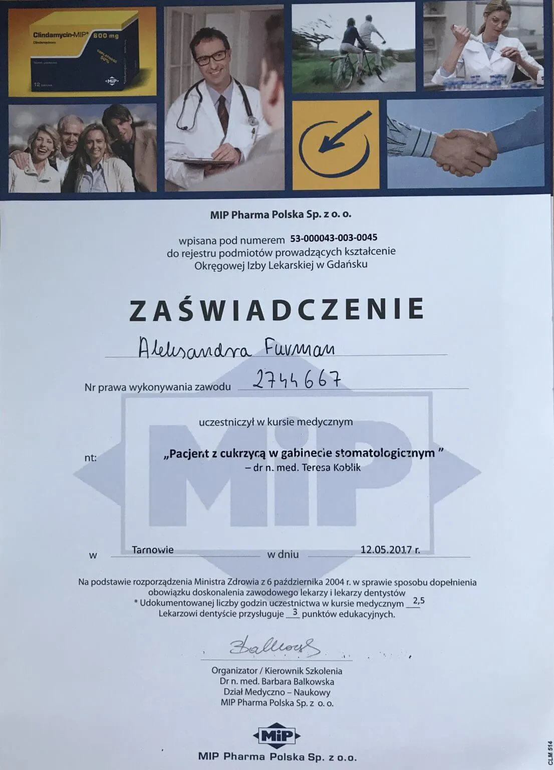 zaswiadczenie-kurs-pacjent-z-cukrzyca-lek-stom-aleksandra-furman-gorlice
