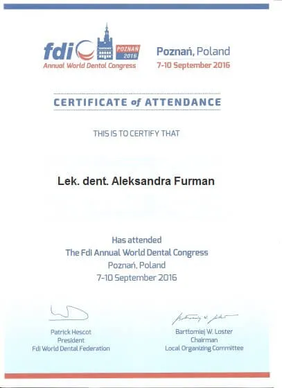 certyfikat-fdi-2016-lek-stom-aleksandra-furman-stomatologia-gorlice