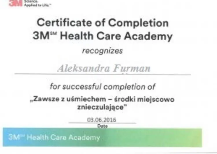 certyfikat-3m-znieczulenie-lek-stom-aleksandra-furman-gabinet-gorlice