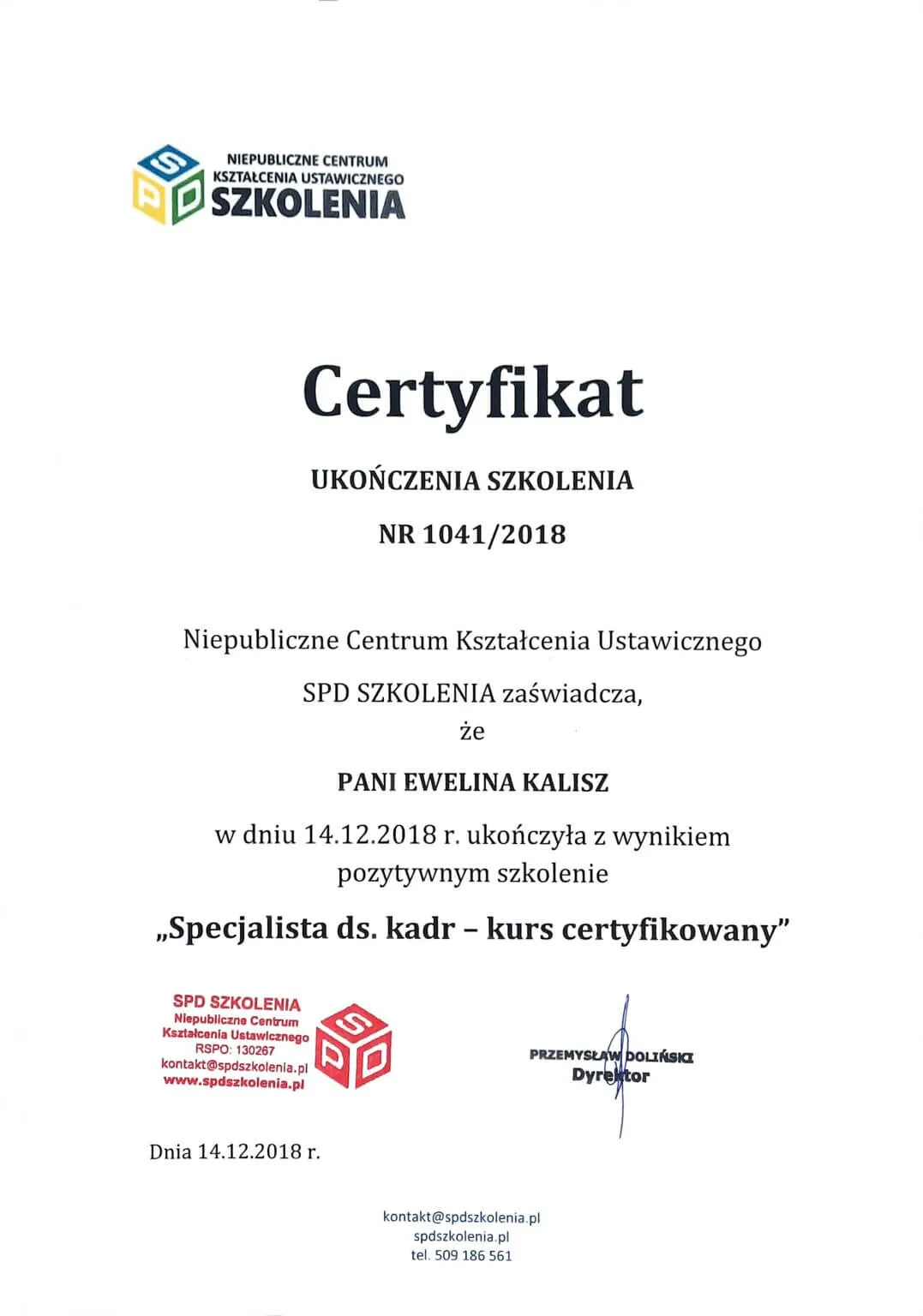 certyfikat-specjalista-ds-kadr-ewelina-kalisz-spd-szkolenia-2018