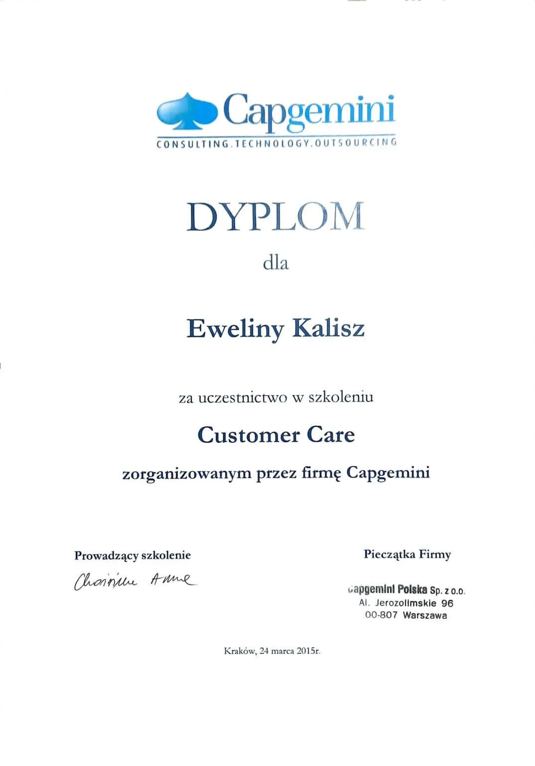 dyplom-customer-care-ewelina-kalisz-capgemini-krakow-2015