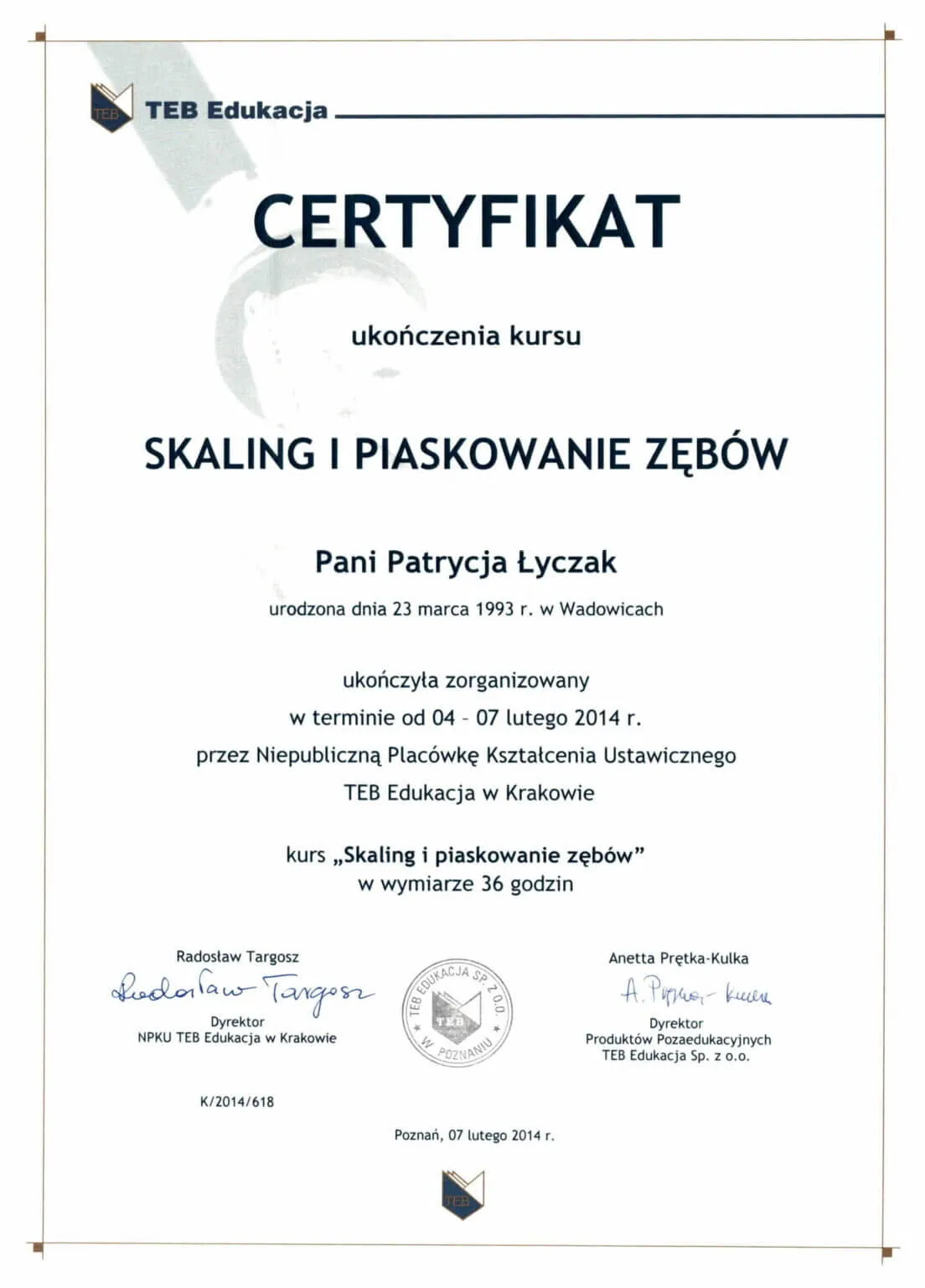 certyfikat-skaling-i-piaskowanie-zebow-patrycja-lyczak-teb-krakow-2014