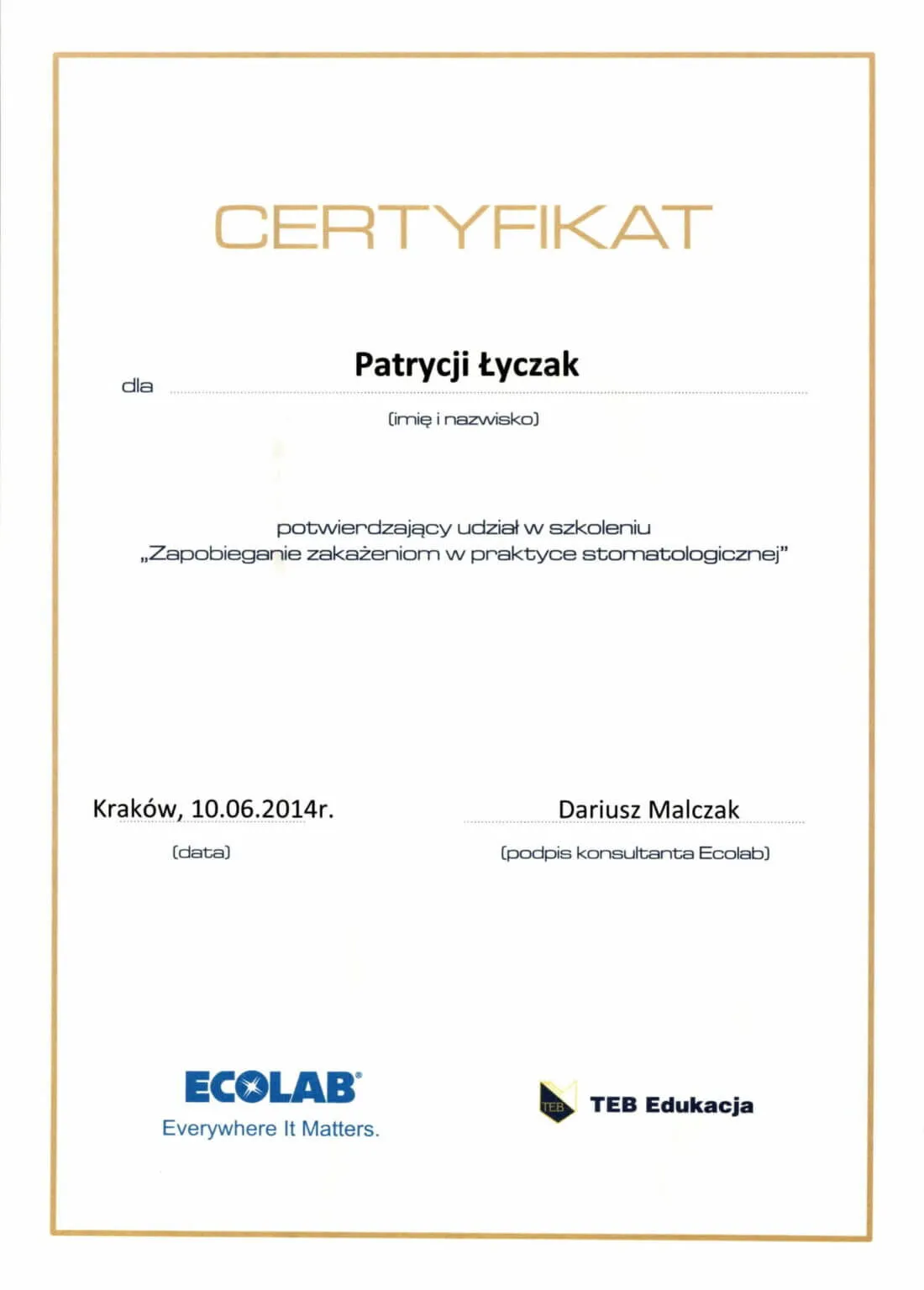 certyfikat-szkolenie-zapobieganie-zakazeniom-w-stomatologii-patrycja-lyczak-krakow-2014