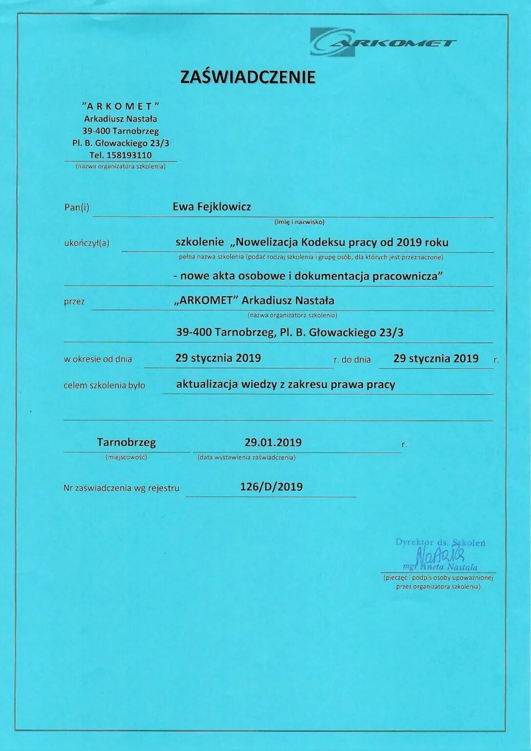 certyfikat-kodeks-pracy-akta-osobowe-ewa-fejklowicz-arkomet-tarnobrzeg-2019