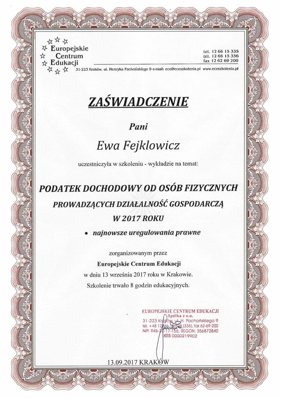 certyfikat-podatek-dochodowy-ewa-fejklowicz-krakow-2017