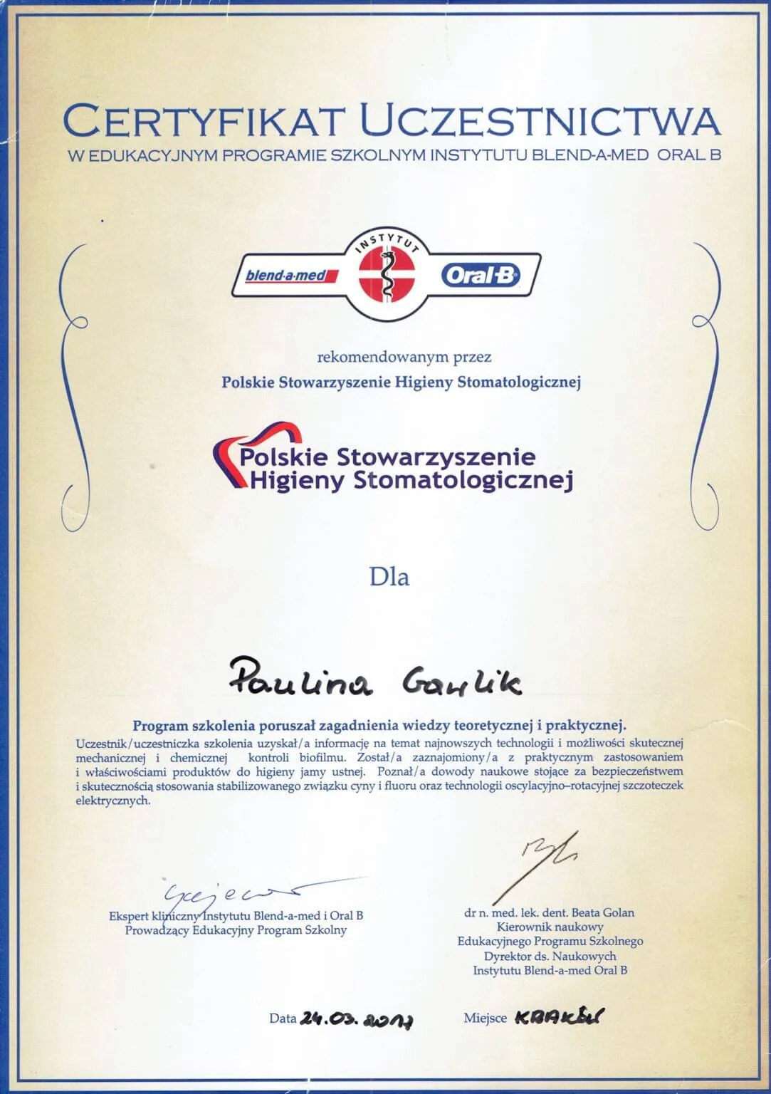paulina-gawlik-certyfikat-edukacyjny-blendamed-oralb-higiena-stomatologiczna