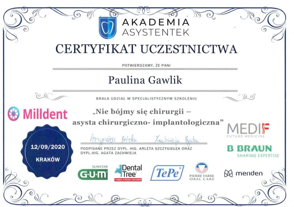 paulina-gawlik-certyfikat-asysta-chirurgiczno-implantologiczna-krakow-2020