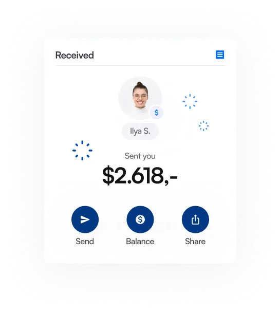 Mobile app interface showing $2,618 received from Ilya S., with options to Send, view Balance, and Share.