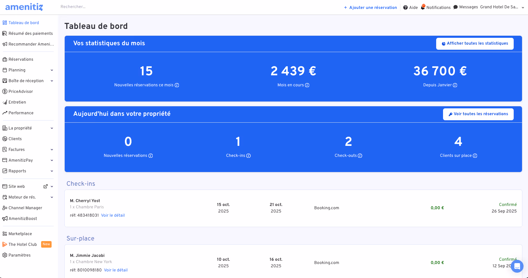 Un tableau de bord présentant l'application Amenitiz