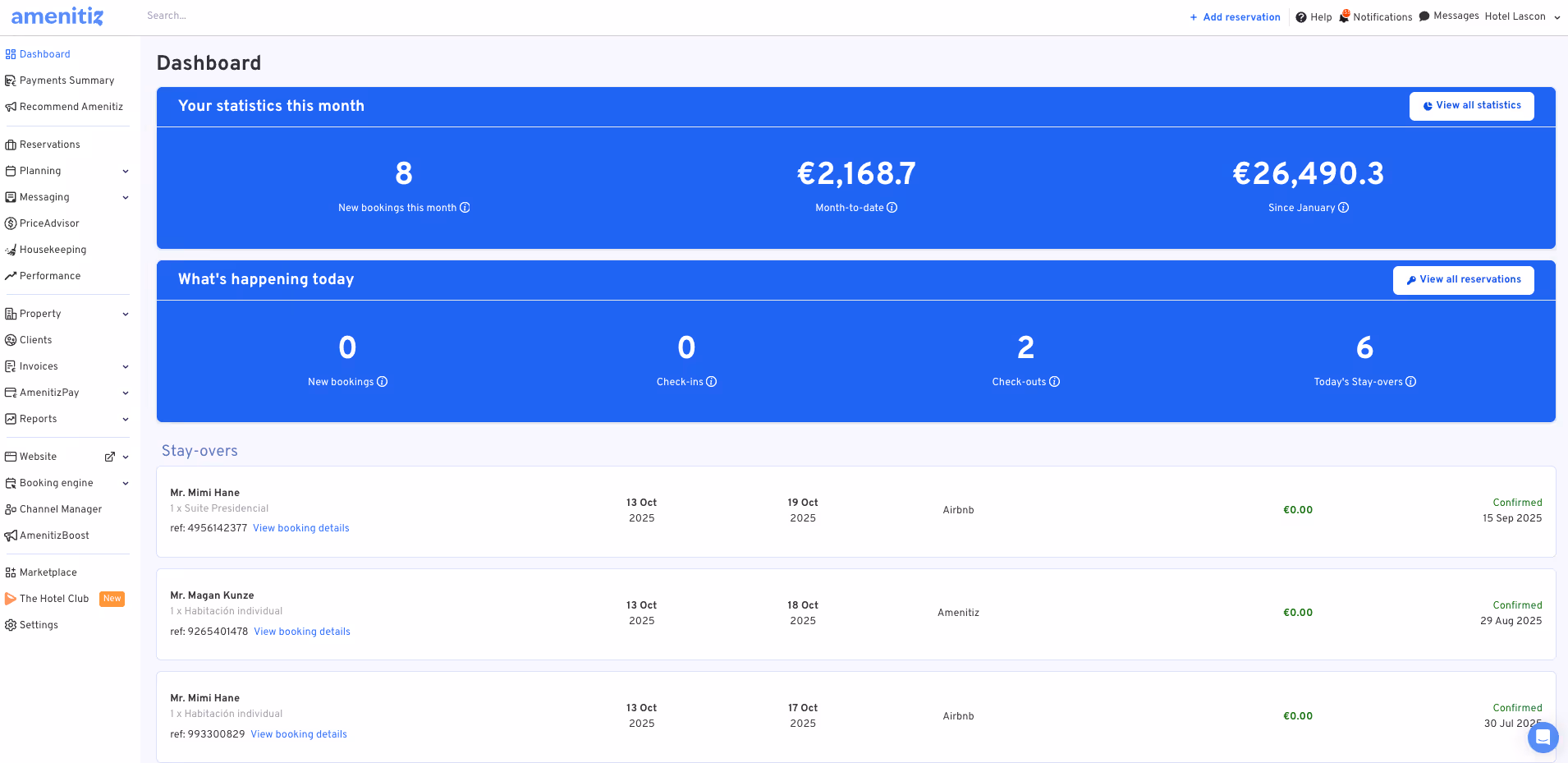 A dashboard showing the Amenitiz app
