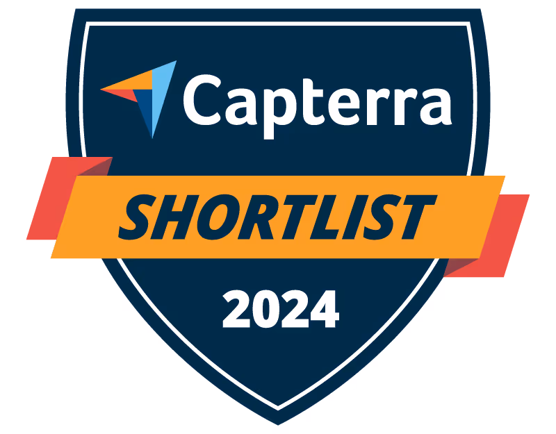 Capterra Shortlist 2024 badge with a shield design and an orange banner.