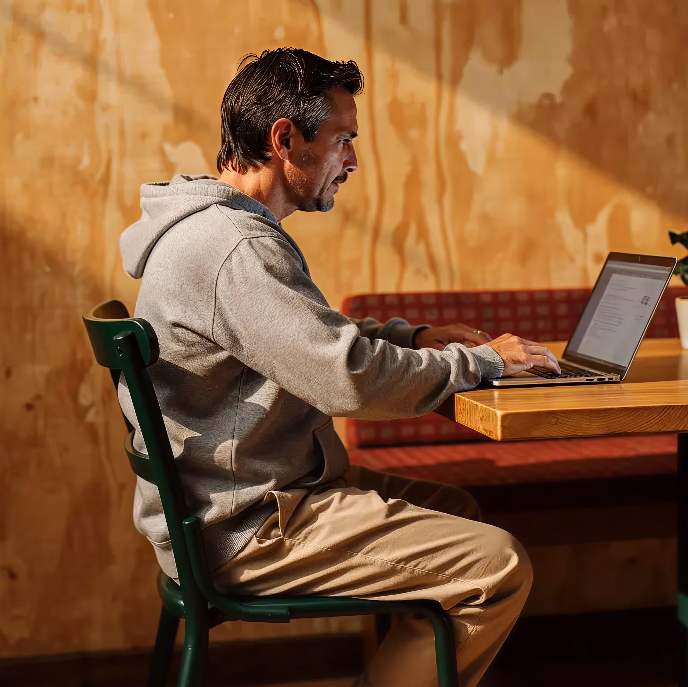Man in gray hoodie typing on a laptop while seated at a wooden table in a room with wooden walls.