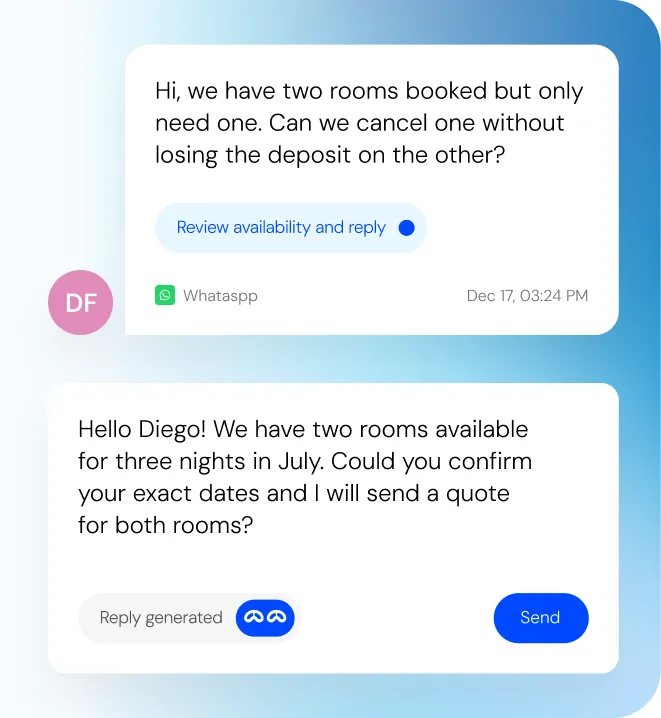 Guest message on WhatsApp with a reply drafted by Ami, ready to review and send