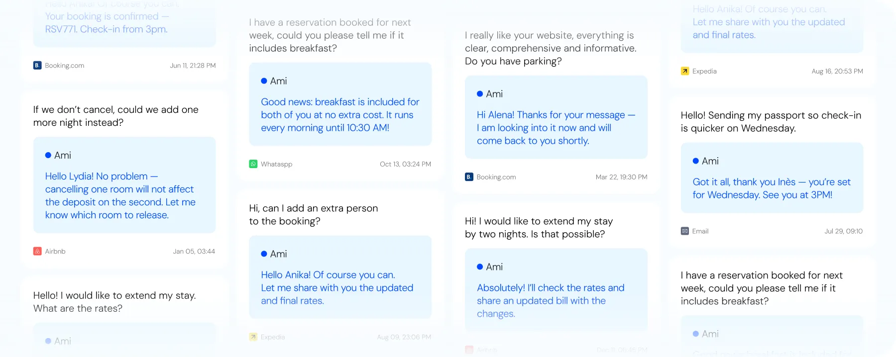 Guest messages from Booking.com, Airbnb, WhatsApp, Expedia and email answered automatically by Ami