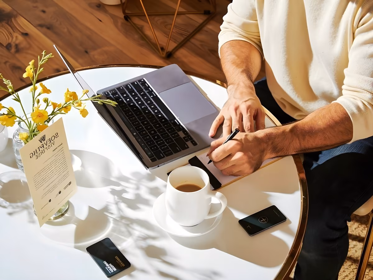 Hotelier working on a laptop next to a coffee