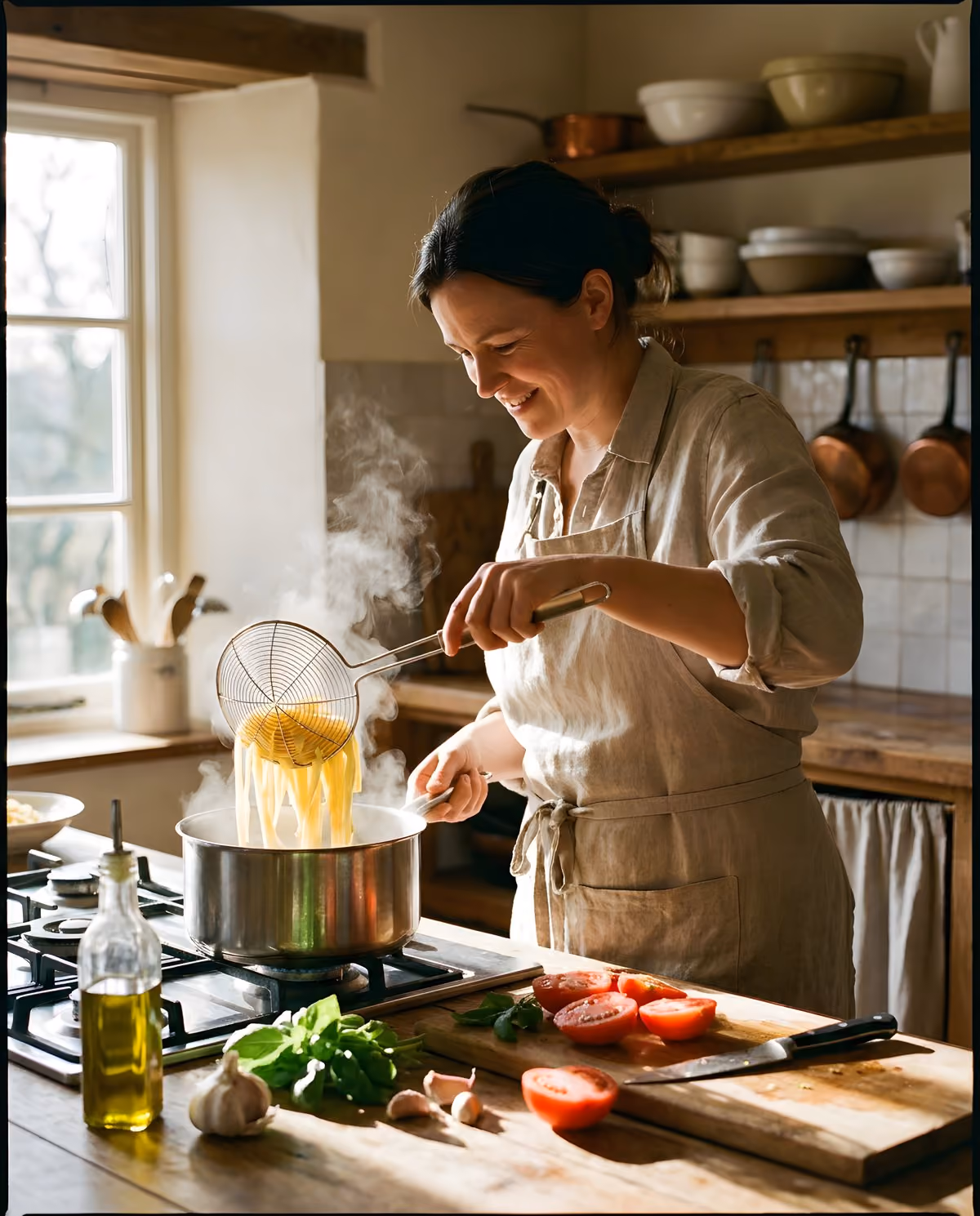 Cook lifting fresh pasta from a pot in a restaurant kitchen