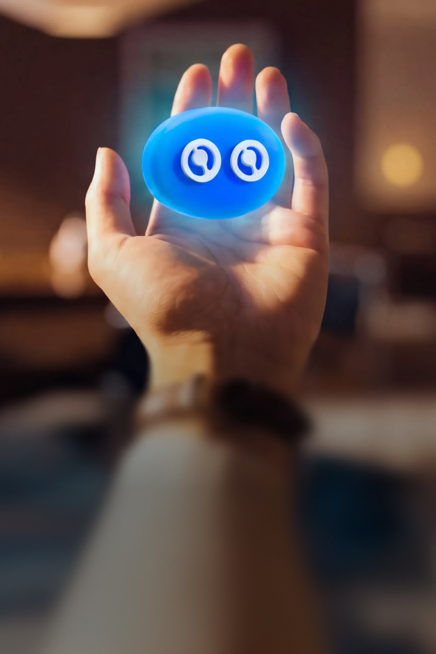 Hand holding the glowing blue Ami assistant icon in a hotel lobby