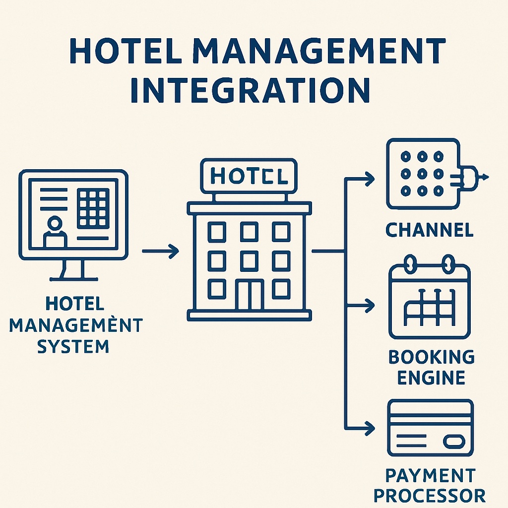 Diagrama que ilustra la integración del sistema de gestión hotelera con componentes como el canal, el motor de reservas y el procesador de pagos.