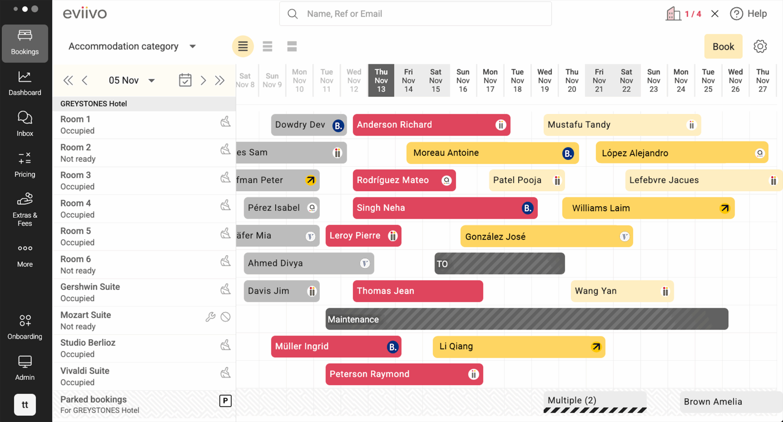 Sistema de gestión de reservas eviivo que muestra el calendario de alquileres vacacionales con vista multipropiedad.