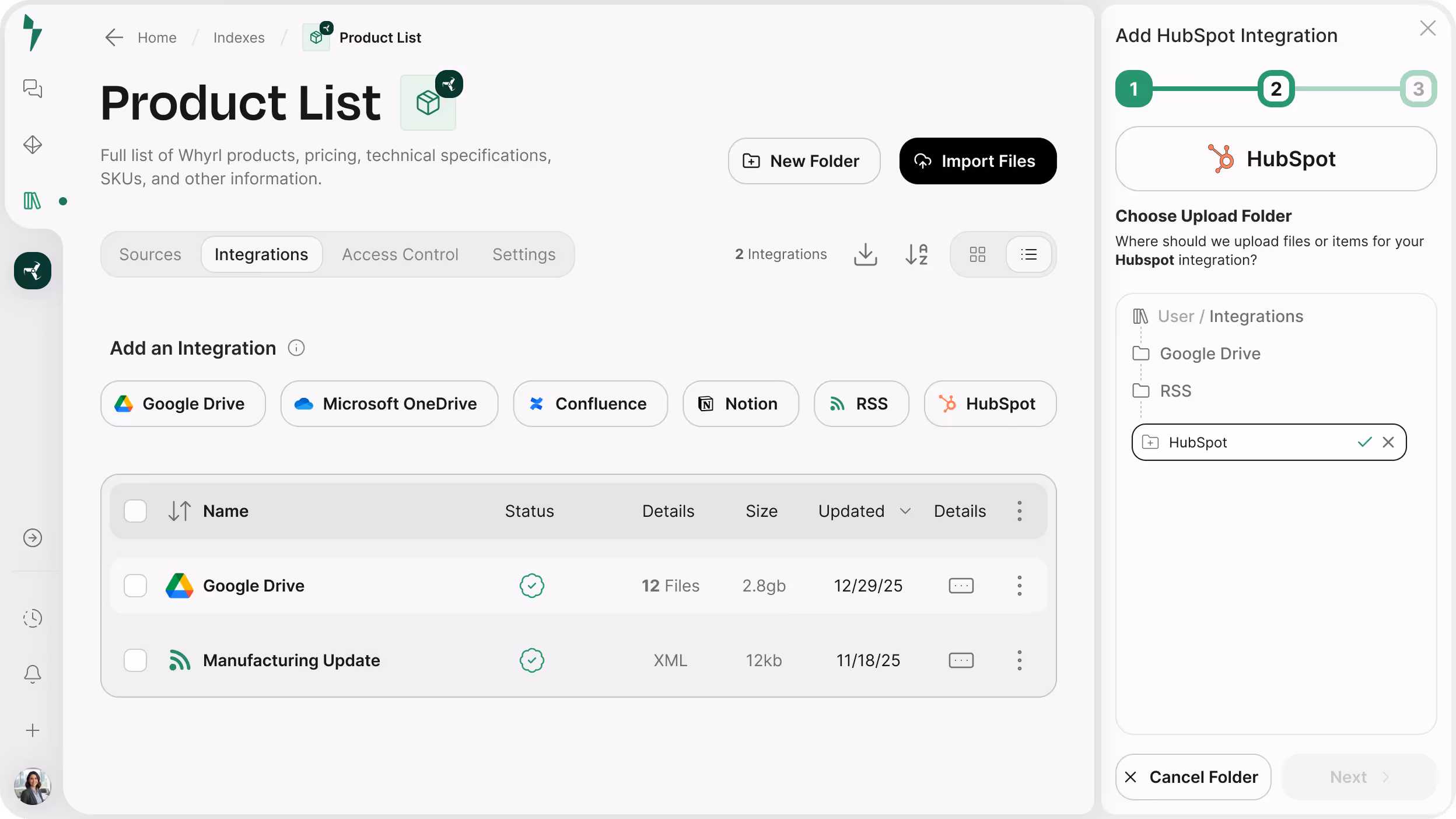 Product List interface showing integrations with Google Drive, Microsoft OneDrive, Confluence, Notion, RSS, and HubSpot, including upload folder selection for HubSpot integration.