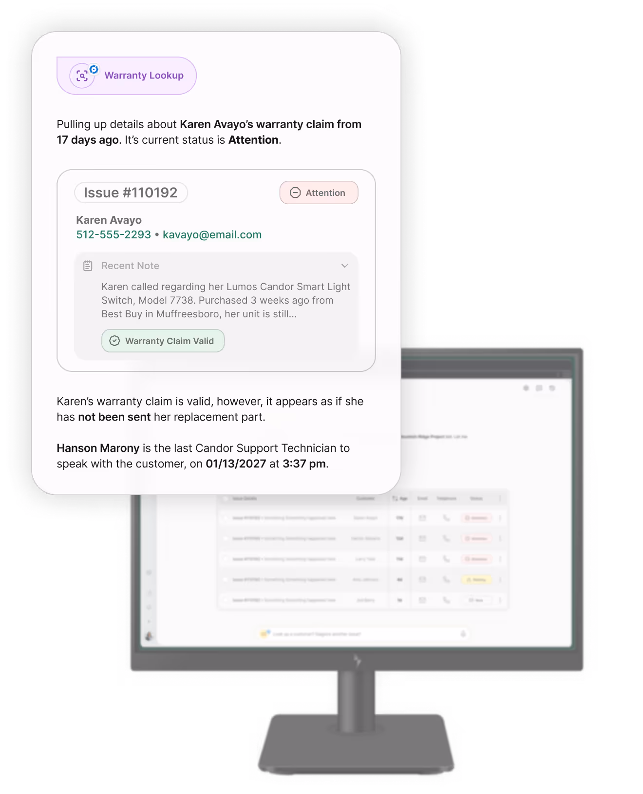 Computer monitor displaying a customer support interface showing warranty claim details, with status Attention and note about a Lumos Candor Smart Light Switch replacement part.