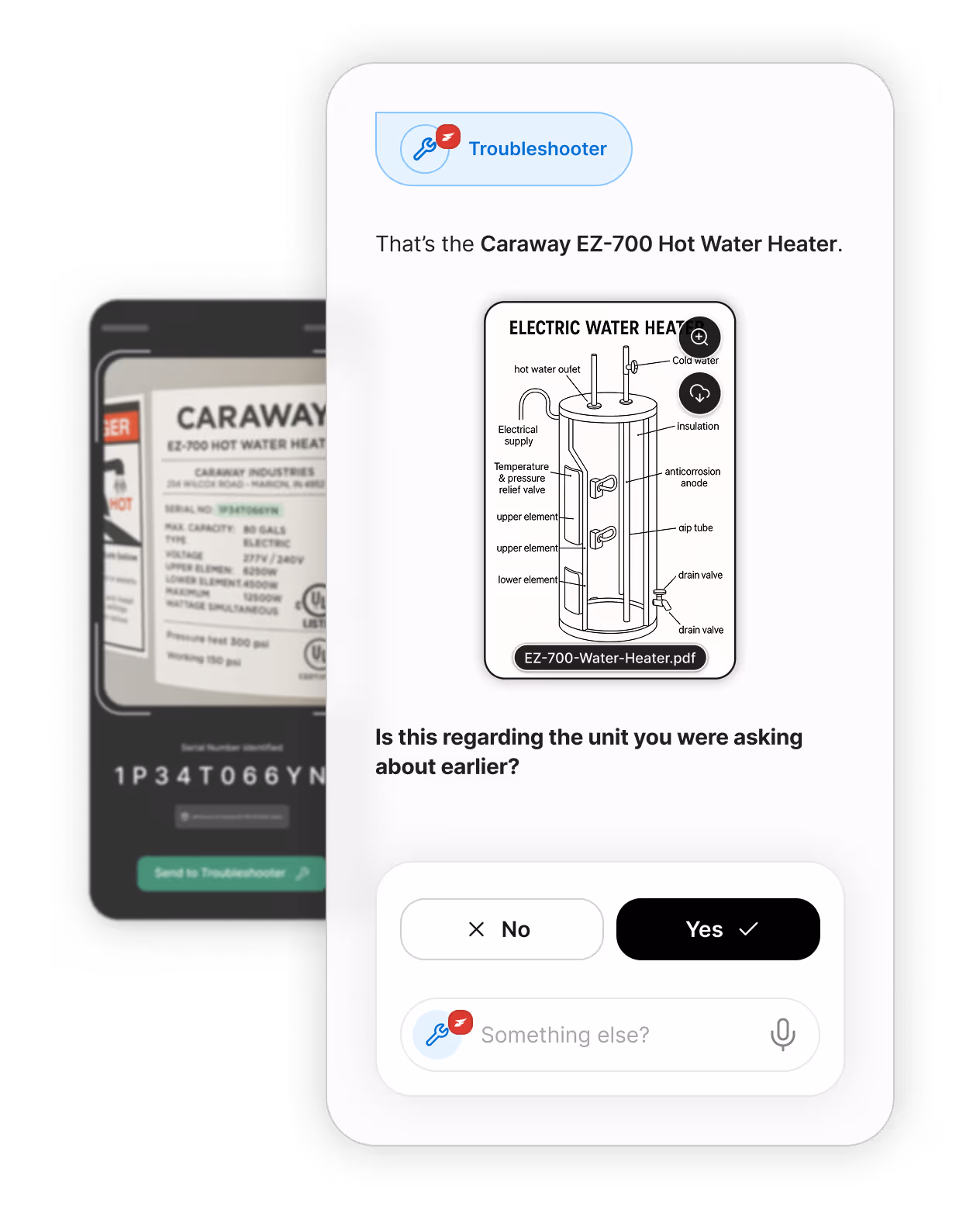 Mobile screen showing a troubleshooter chat identifying a Caraway EZ-700 hot water heater with a labeled diagram of an electric water heater.