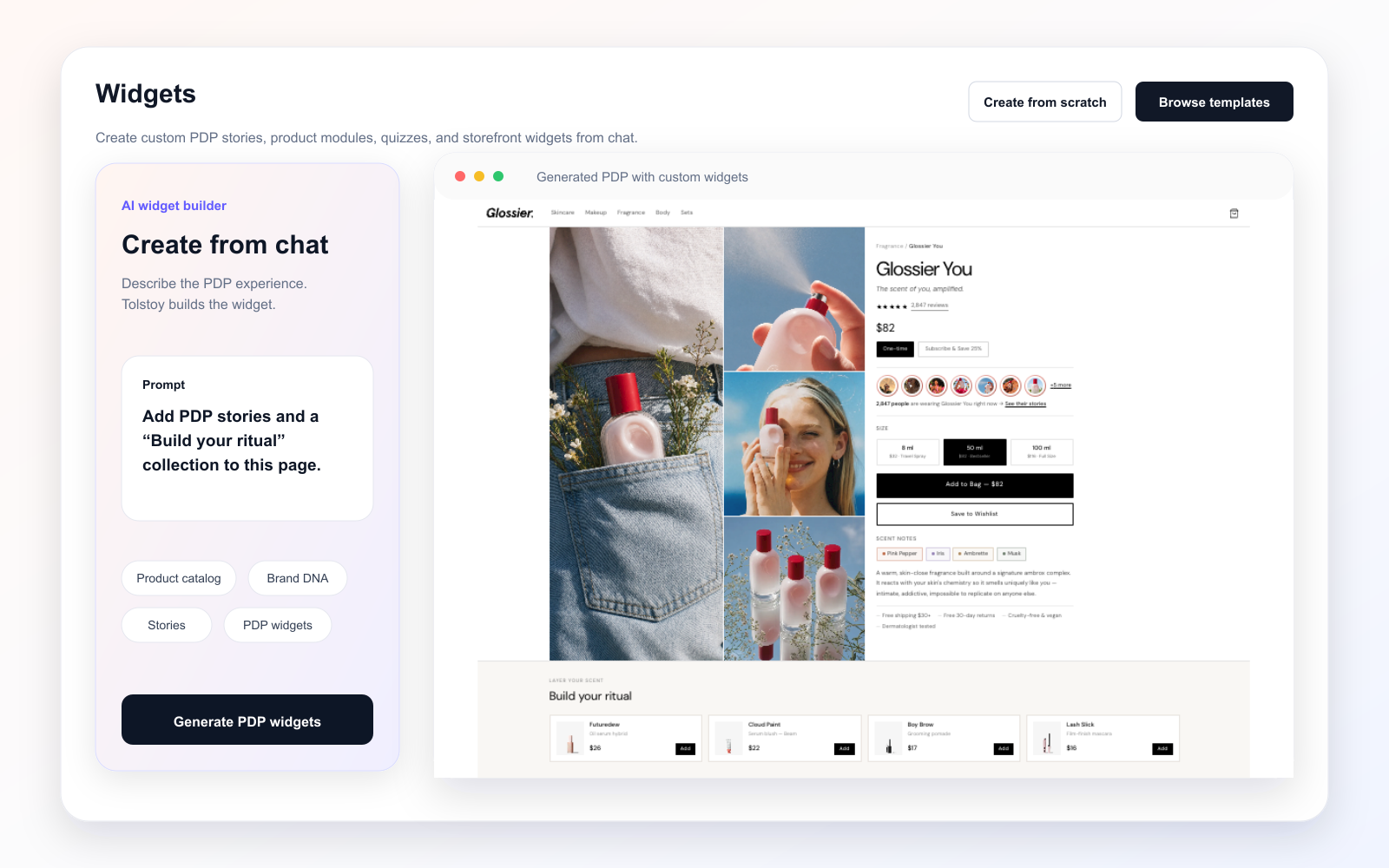 Tolstoy chat-based widget builder creating custom PDP stories and product modules