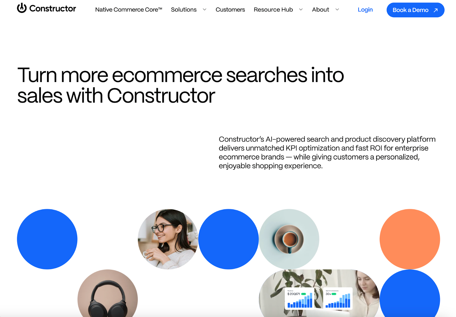 Constructor homepage highlighting AI-powered ecommerce search to boost sales, with text, and demo button.