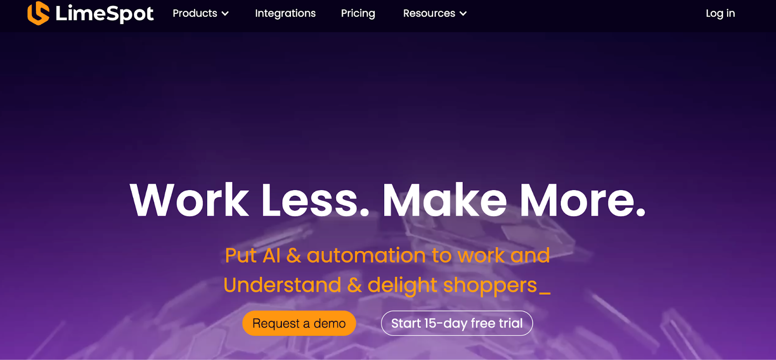 LimeSpot homepage with tagline “Work Less. Make More.” promoting AI automation for ecommerce, with demo and free trial buttons.