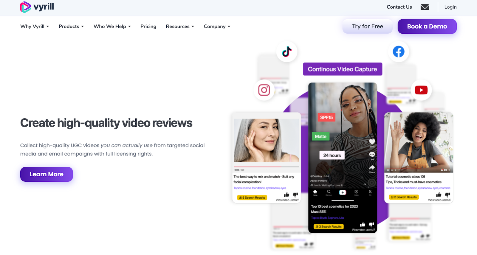 Vyrill homepage promoting high-quality video reviews with examples of user-generated cosmetic review videos.