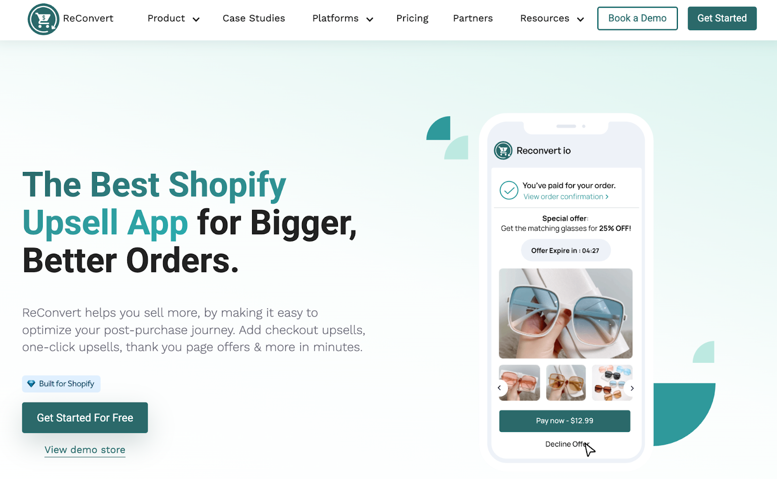 ReConvert homepage promoting Shopify upsell app with text, call-to-action buttons, and a phone mockup.