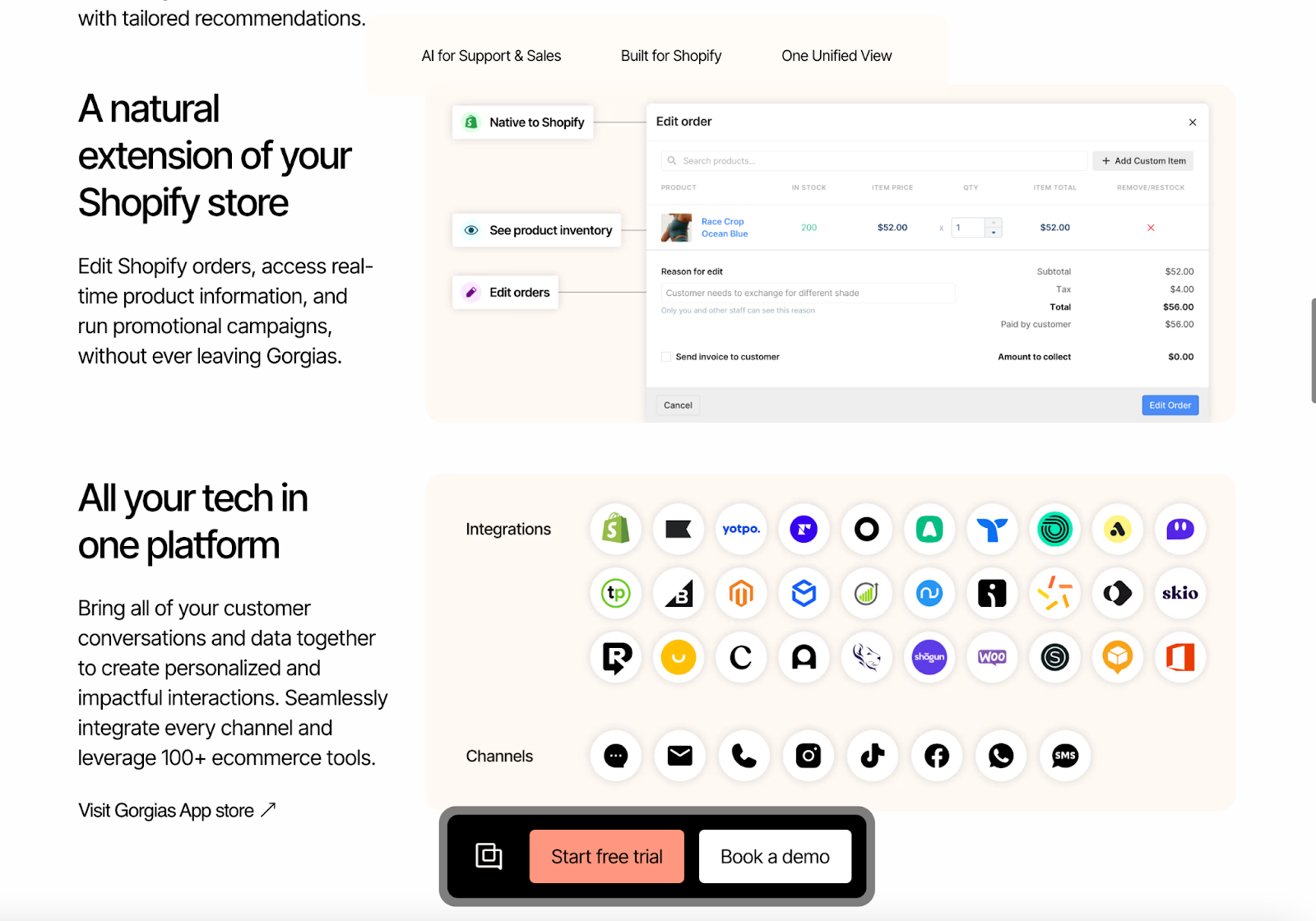 Gorgias page showing Shopify integration for editing orders, product inventory, and multiple ecommerce tool icons with free trial and demo options.