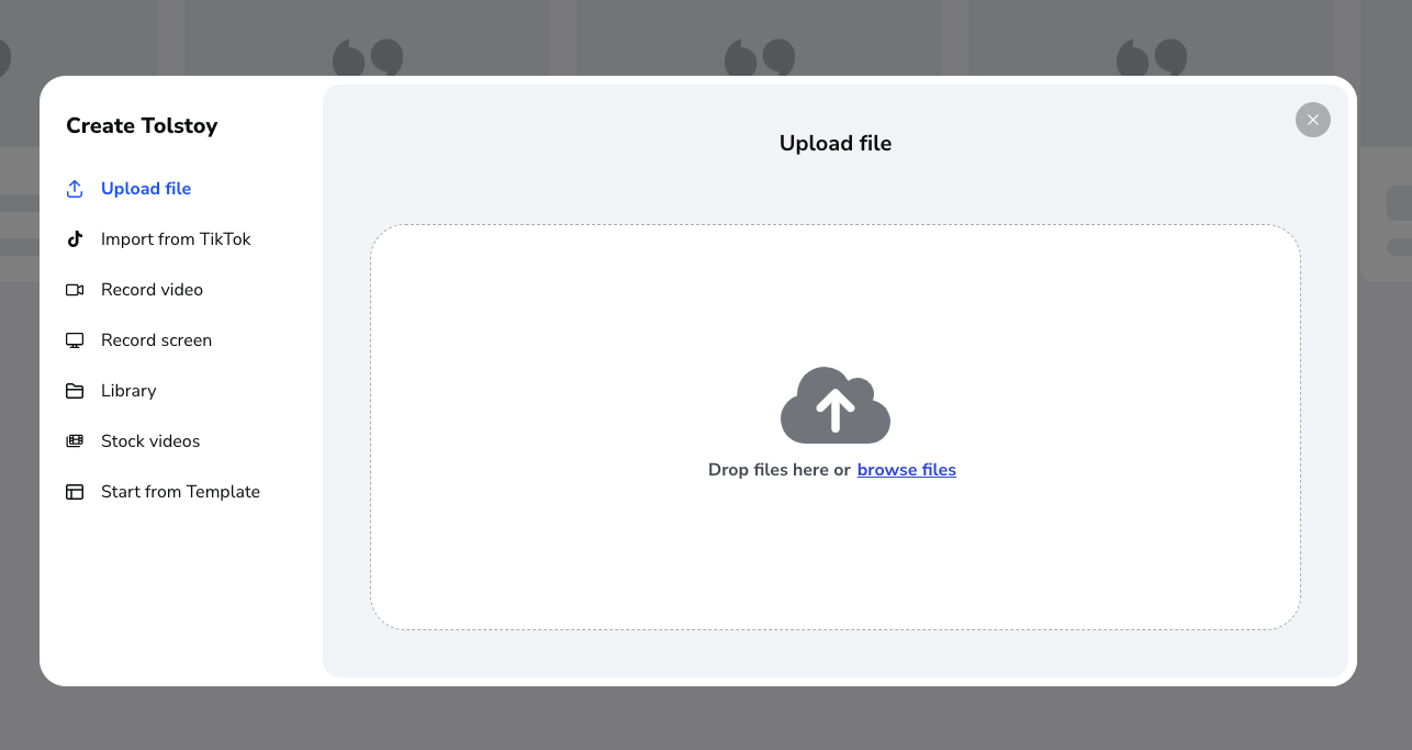 Tolstoy Upload pop-up screen