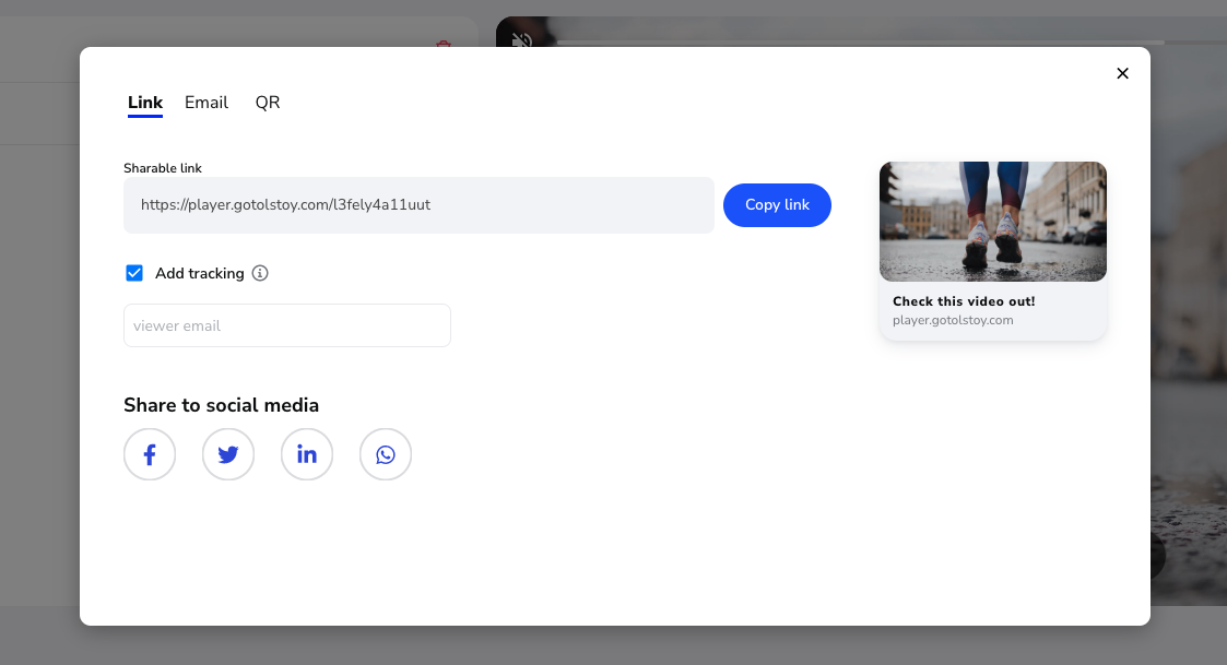 Sharing options in a pop-up window in the Tolstoy app, offering users to share via a link, email, or QR code.