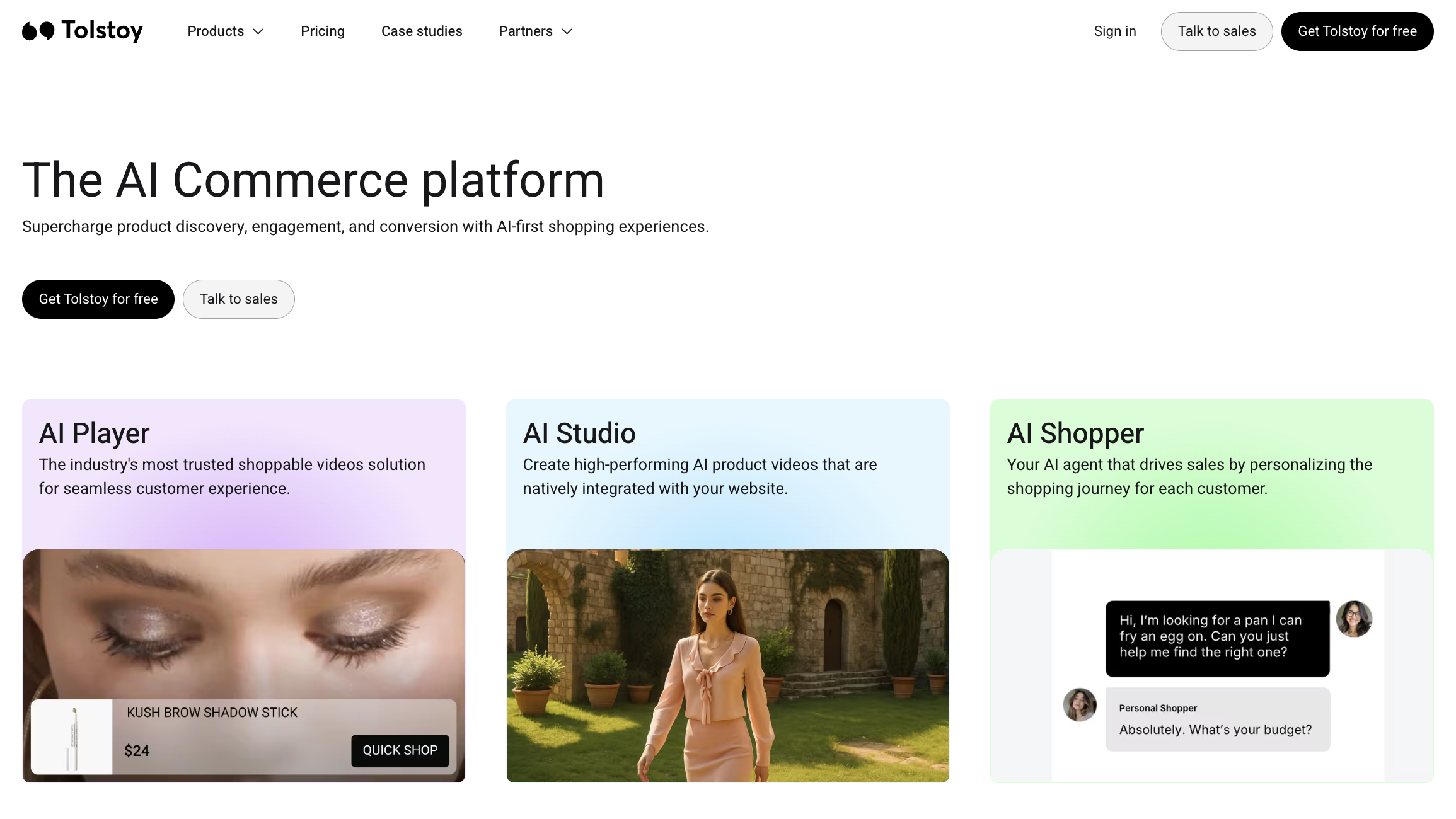 Tolstoy AI Commerce platform webpage showcasing AI Player, AI Studio, and AI Shopper tools for personalized, shoppable video experiences.
