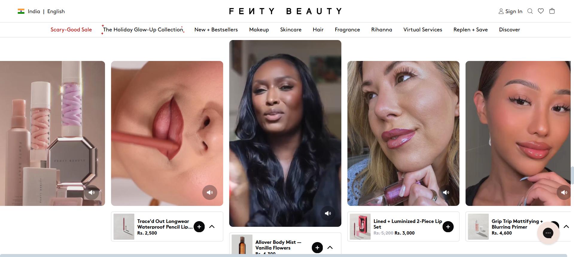 Fenty Beauty homepage showing lip products, mists, and models wearing makeup